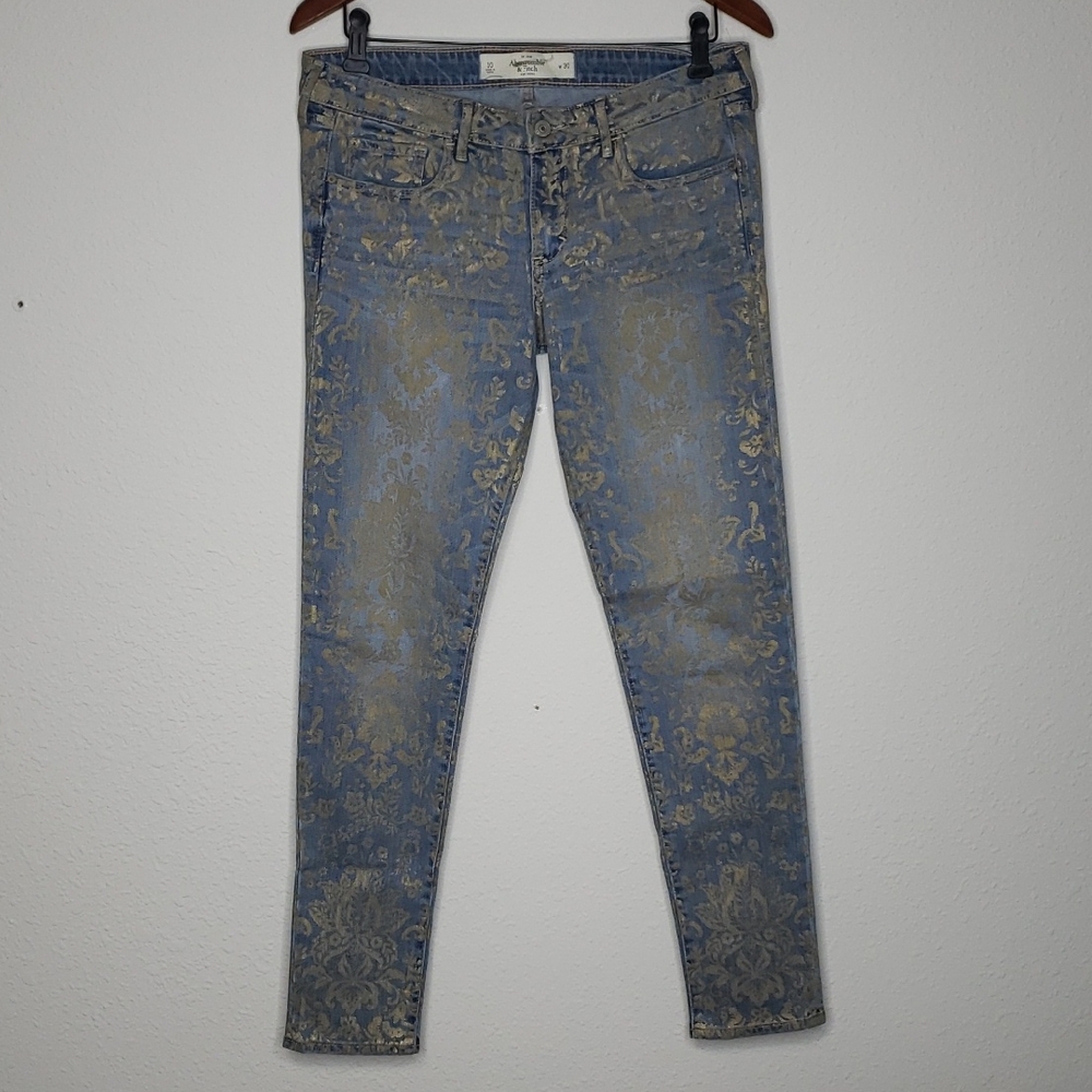 Abercrombie & Fitch Floral Print Gold Fitted Stretch Skinny Jeans Size 30 Casual
